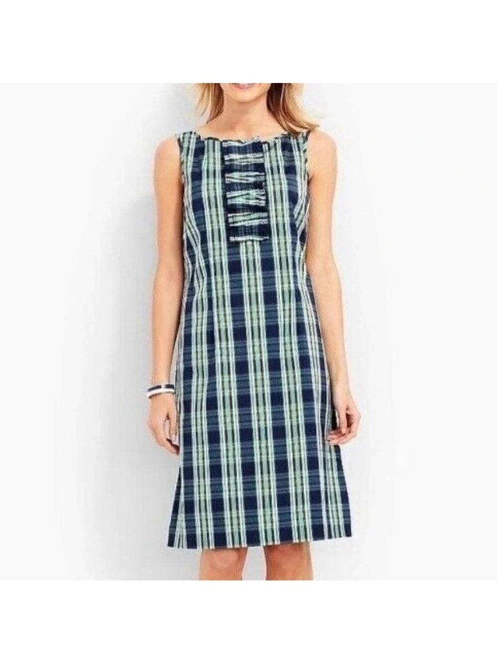 Talbots Sheath Dress 2 Petites Navy Green Plaid Pattern 100% Cotton Ruffle Front